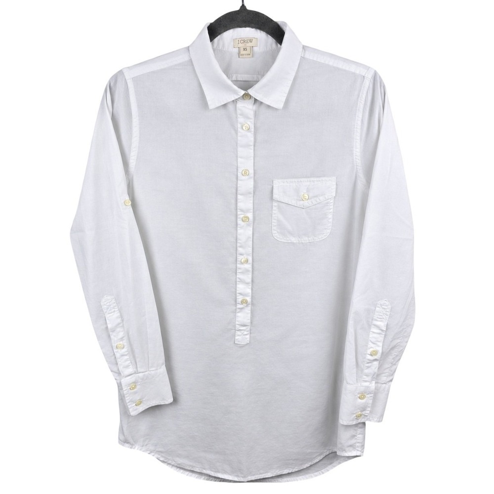 J.Crew Popover Shirt Women XS White Cotton Roll Tab Sleeve Preppy Coastal Chic